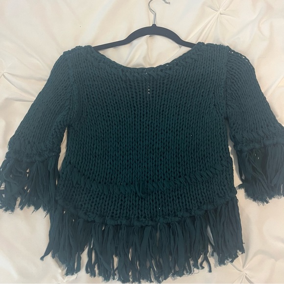 Free People Crochet Fringe Emerald Green Crop Sweater XS - Picture 13 of 15